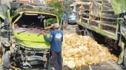 Akibat hilang kendali i truk Toyota Dyna bermuatan ayam potong hamtam gardu dan mobil terparkir