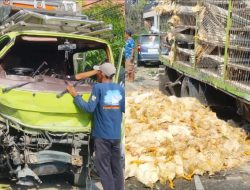 Akibat hilang kendali i truk Toyota Dyna bermuatan ayam potong hamtam gardu dan mobil terparkir